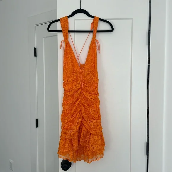 strapless open back dress Annie Ruffle Shoulder Strap Layered Hem Mini Dress Orange main image 0